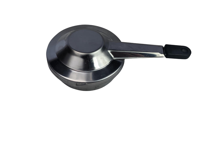 The Black Rock Grill Fondue Pot Burner Stainless Steel Set features a saucepan with a long black handle and fitted lid, ideal for flame control, showcased on a white background.