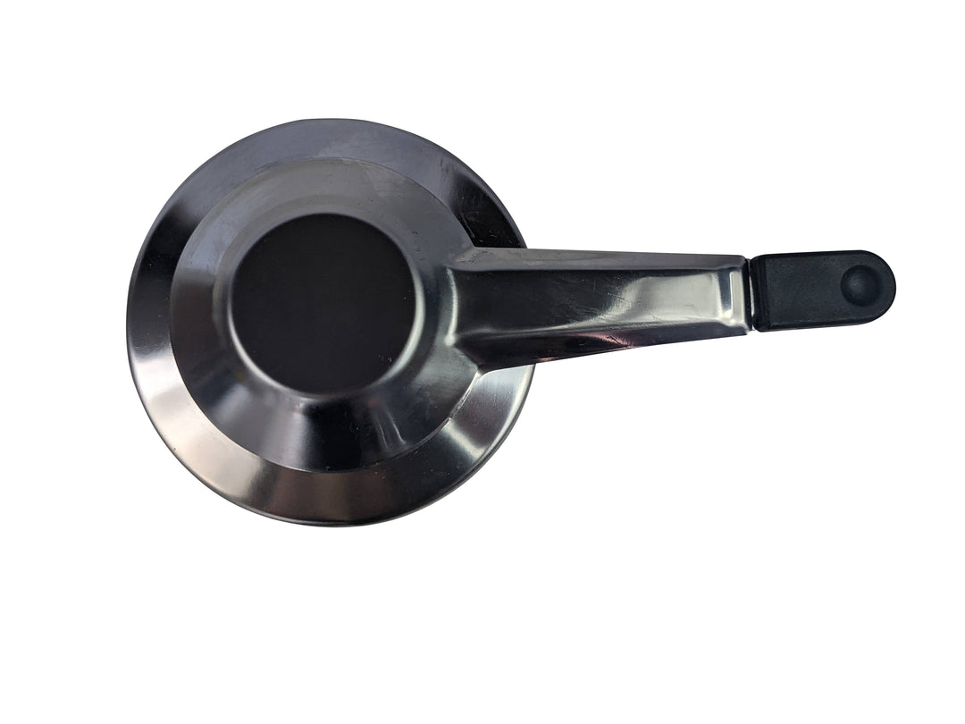 The Black Rock Grill Fondue Pot Burner Stainless Steel Set features a shiny, circular burner with slightly tapered sides and a long black handle, shown isolated on a white background.