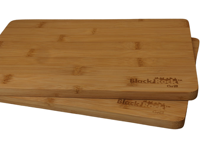 Two light brown Black Rock Grill bamboo steak boards (30x20x1.2cm) with smooth, rounded edges and custom laser-engraved logos are stacked against a plain white background.