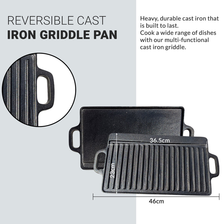 The Black Rock Grill Large Reversible Cast Iron Griddle Pan (46x23cm) has silicone grip handles, flat and ridged sides, and comes with a marinating oil brush. Suitable for gas, electric hobs, or oven use.