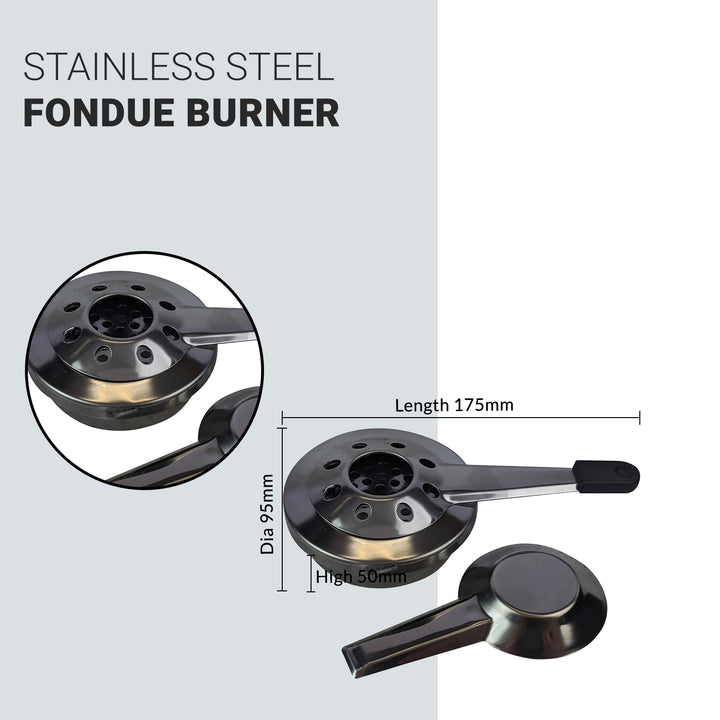 Image of the Black Rock Grill Fondue Pot Burner Stainless Steel Set showing three perspectives. Features include precise flame control, a round base, a circular grate on top, and a handle. Dimensions are 175mm long, 95mm diameter, and 50mm high.