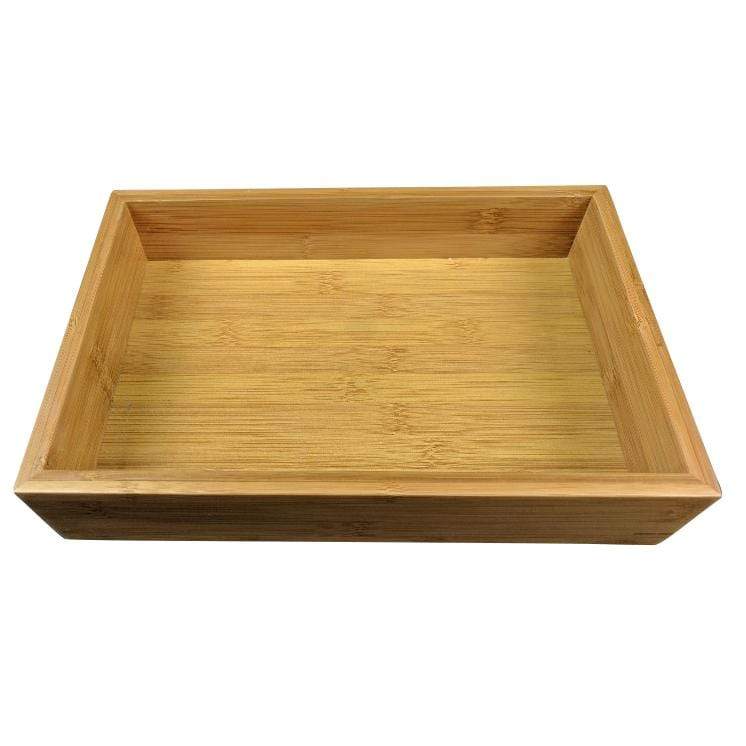 The Black Rock Grill Bamboo Wooden Food Presentation Tray features a rectangular design with raised edges, crafted from light-colored bamboo. Its surface boasts a natural grain pattern, ideal for elegant food presentation.
