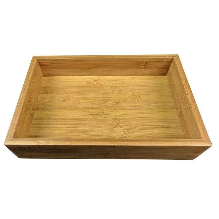 The Black Rock Grill Bamboo Wooden Food Presentation Tray features a rectangular design with raised edges, crafted from light-colored bamboo. Its surface boasts a natural grain pattern, ideal for elegant food presentation.