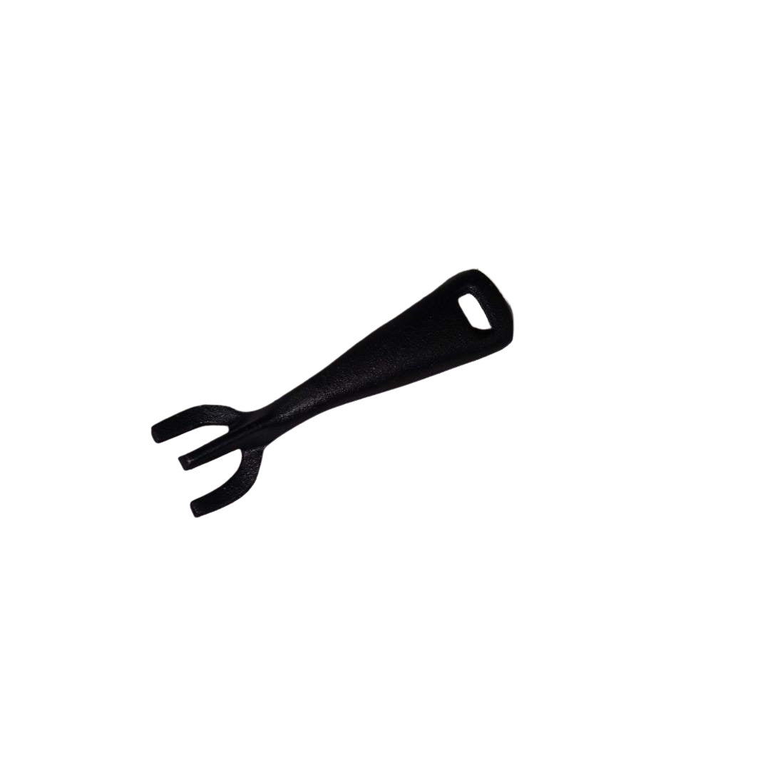 A black plastic trim removal tool with a forked end and a handy hanging handle, resembling the robust grip of a Black Rock Grill Cast Iron Skillet Pan Handle, isolated on a white background.