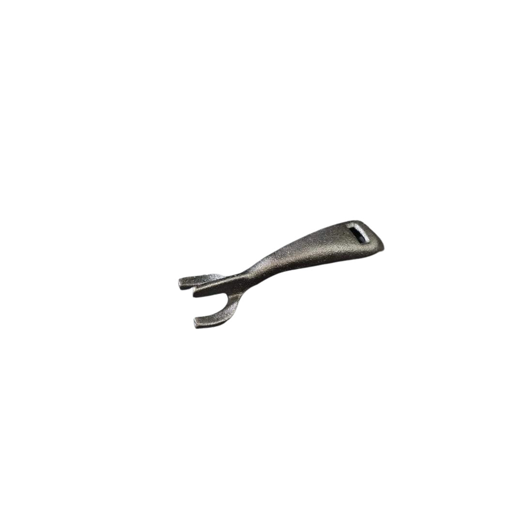 The Black Rock Grill Cast Iron Skillet Pan Handle features a sleek metal design with a flat handle and a forked prying end. A slot near the top allows for hanging or leverage, all displayed against a white background.