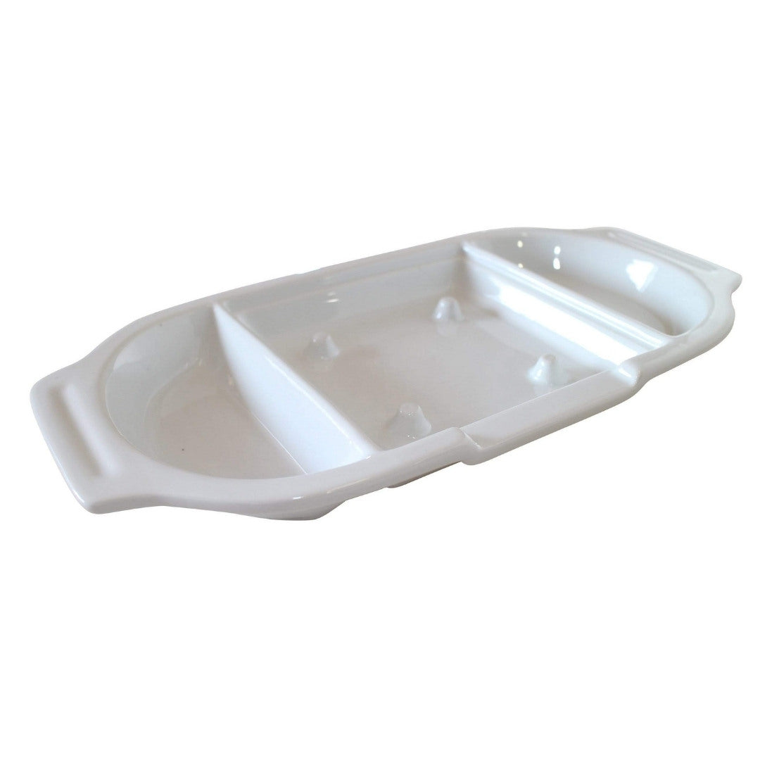 The Black Rock Grill GP-1 White Porcelain Platters, featuring two side dishes and a glossy finish, offer three compartments and a simple yet elegant design. They come in a case of 6 and make a charming addition to any hot rock dining set.