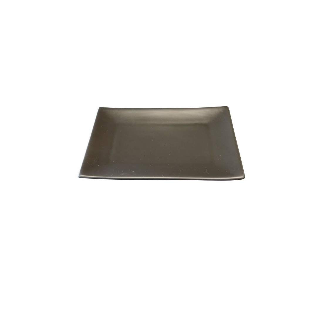 The Black Rock Grill GP-13-MB Rectangle Matt Black Porcelain Side Plate features a sleek black design with slightly raised edges, perfect for a pristine white background. Comes in a case of 6.