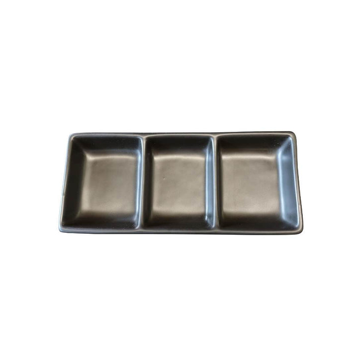 The Black Rock Grill GP-8MB Matt Black 3 Compartment Dipping Pot, ideal for condiments or small appetizers, is elegantly showcased against a white background.