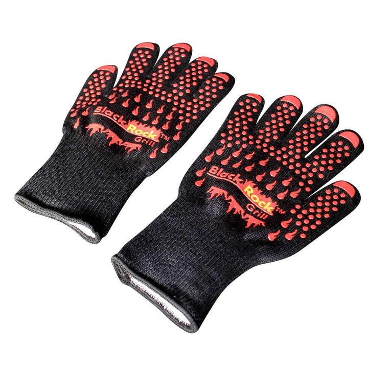 A pair of black grilling gloves with red flame patterns and Black Rock Grill text, perfect for pizza oven enthusiasts. They feature a textured palm and fingers, offering superior grip ideal for maneuvering stone-baked pizzas with ease when using the Steak Stone Grill & Effeuno Pizza Oven Combo.