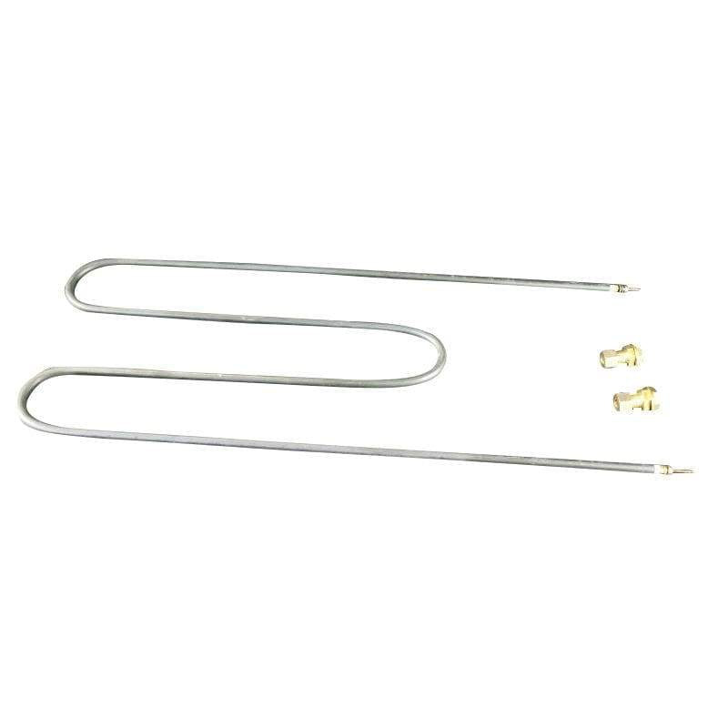 A long, S-shaped heating element from Black Rock Grills Heating Element including fitting gland BRSeries is displayed horizontally on a white background with two small, gold-colored connectors nearby.