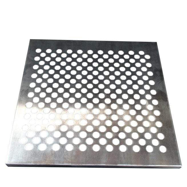 The Black Rock Grill Internal Shelf BRSeries108 is a square, stainless steel sheet featuring a grid of evenly spaced circular holes that gleams on its shiny surface, adding an elegant touch to the plain white background.