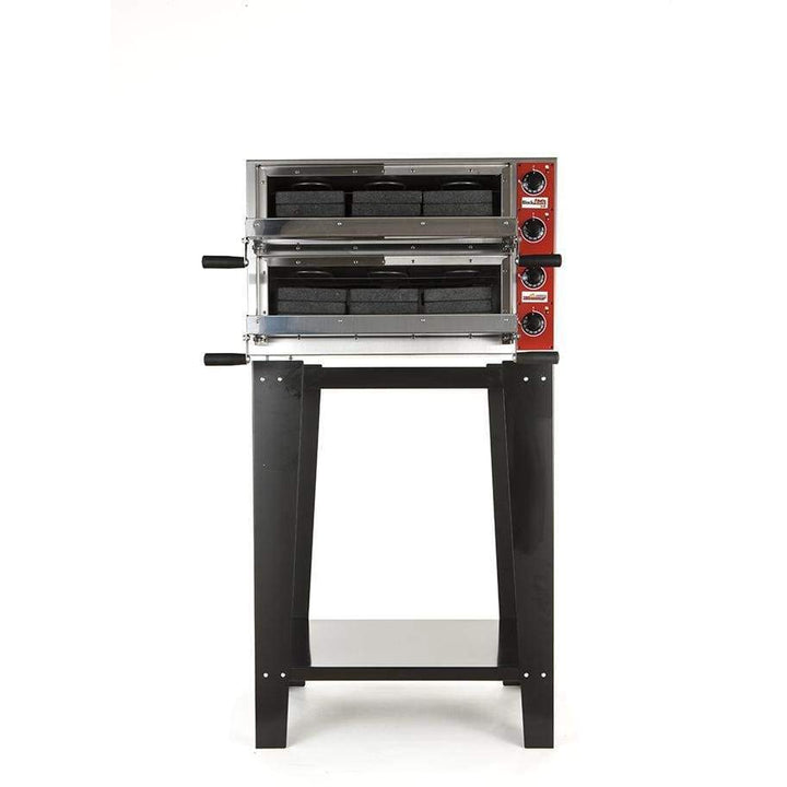The Black Rock Grill two-tier 54RoxySeries Oven features right-side control knobs, a sleek black metal stand, and a RoxySeries 54 Stainless Steel Shelf. Handles provide easy access to tiers, all set against a plain white background.