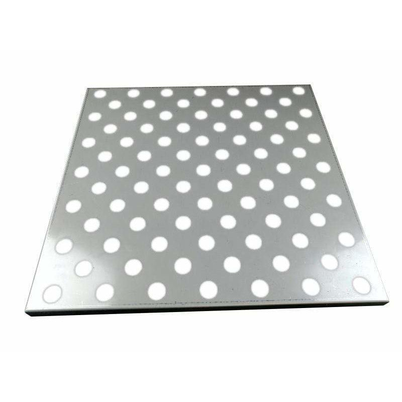 A sleek Black Rock Grill RoxySeries 54 Stainless Steel Shelf, square with evenly spaced circular holes, is set against a white background. The panel appears to be slightly elevated, casting a subtle shadow.