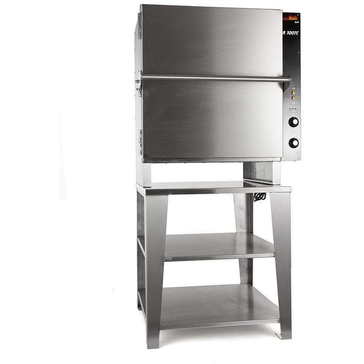 The Black Rock Grill BRSeries oven, made of stainless steel, features double doors and a metal stand with dual lower shelves. Its right-side control panel includes buttons and a 460 Temperature Stat Dial, all in a bright white setting.