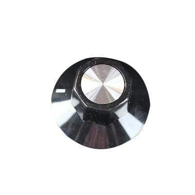 A glossy black circular object with a metallic, ridged center resembles the Black Rock Grill 460 Temperature Stat Dial for BRSeries ovens, reflecting light radially against a plain white background.