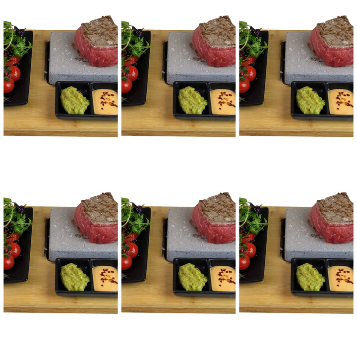 Six identical images showcase a meal with steak cooked on a Black Rock Grill Black Steak Stone Cooking Set, alongside a salad of greens and cherry tomatoes, guacamole, and grilled cheese on a wooden table. Experience the art of hot stone cooking for a memorable healthy dining experience.