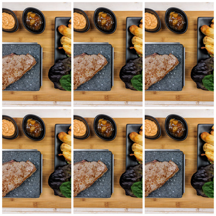 A kaleidoscope pattern shows the Black Rock Grill Matt Black Steak Stones Cooking Set by Black Rock Grill, featuring steak on sizzling stone boards with fries, dark and orange sauces, and garnish on a wooden surface, arranged in a six-grid layout.