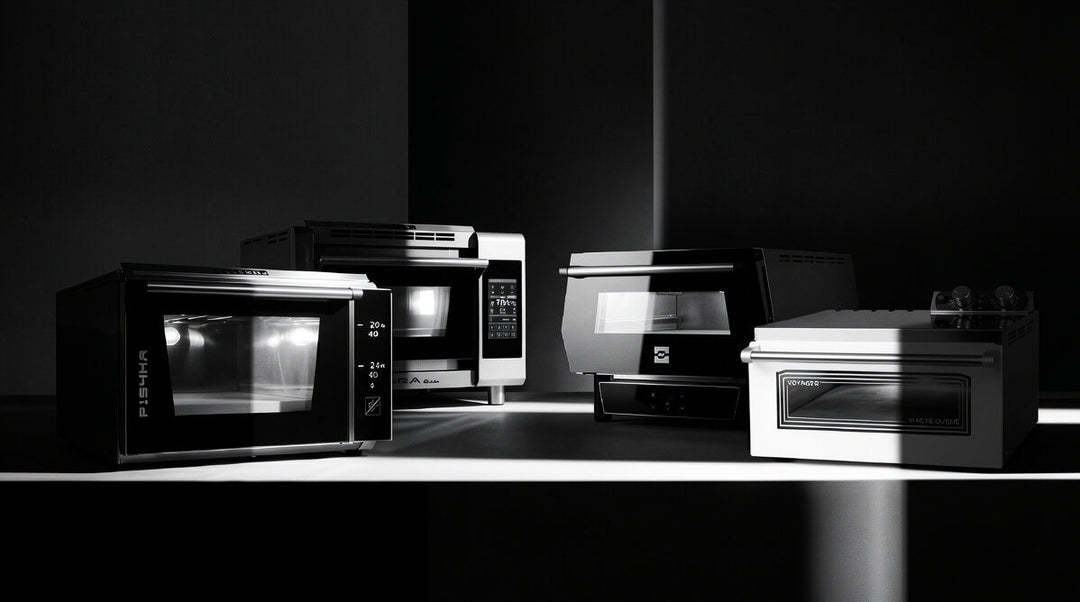 A selection of four professional home pizza ovens from Macte and Effeuno displayed together in black and white