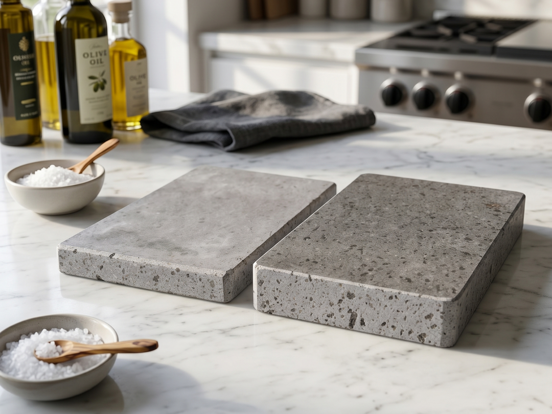 Warming and cooking lava stone side by side on a kitchen worktop with oils and salts on the side 