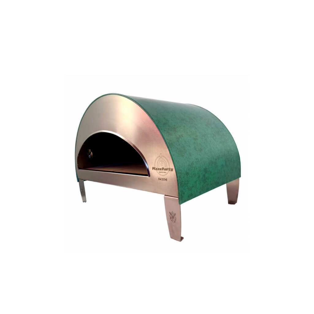 A compact, dome-shaped outdoor pizza oven with a metallic green finish, arched opening, and four sturdy legs. Pizza Party branding is visible on the front.