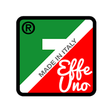 Square logo with green, white, and red diagonal stripes. Text reads MADE IN ITALY and Effe Uno in white and red. A registered trademark symbol is in the top left corner.