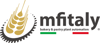 Logo of MF Italy, featuring stylized wheat and a gear on the left, with the company name and the text bakery & pastry plant automation above green and red lines.