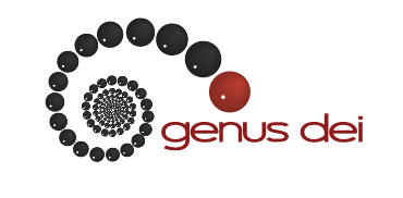 A spiral of black spheres with one red sphere near the end, accompanied by the text “genus dei” in lowercase, red letters on a white background.