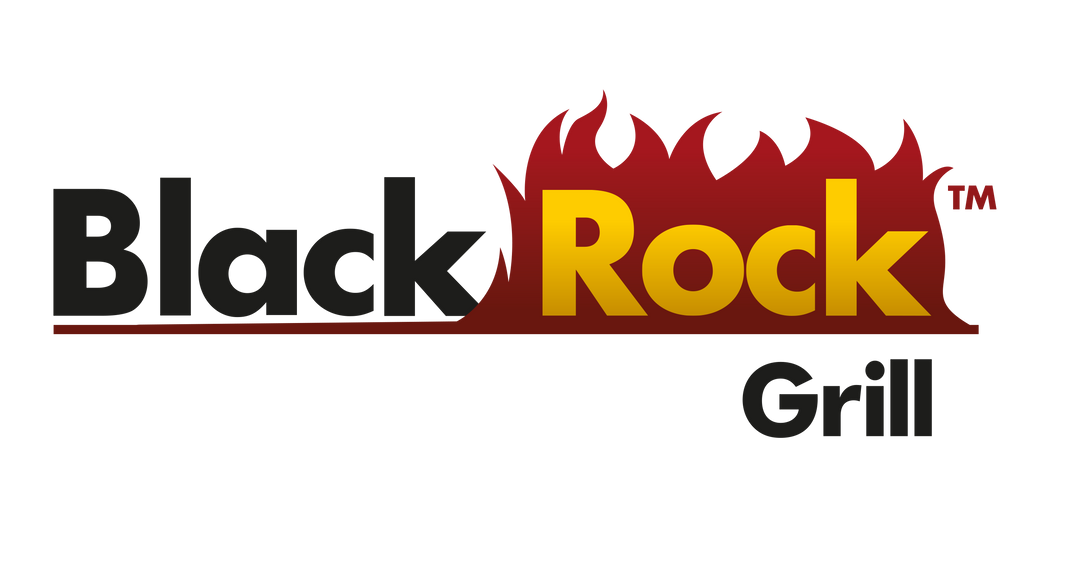 Logo for Black Rock Grill with Black in black text, Rock in bold yellow text over red flames, and Grill in black below. A horizontal red line underlines Black Rock.