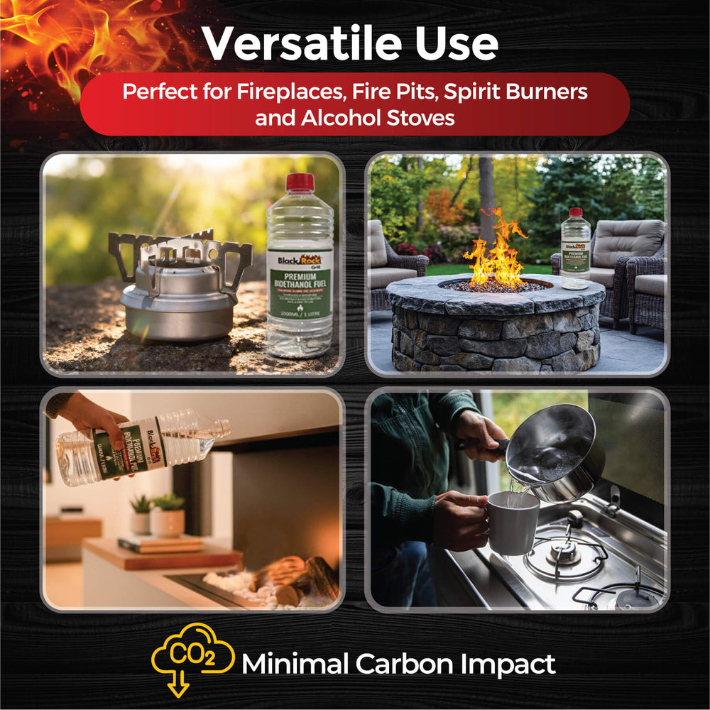 Four images show Black Rock Grill Premium 96% Bioethanol Fuel used with a small stove, fire pit, being poured into a glass, and on a kitchen stove. Banner: Versatile Use. Minimal Carbon Impact. Odourless, plant-based, clean burning by Black Rock Grill.