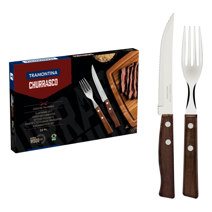 Tramontinas 12 Piece Steak Cutlery Set for 6 comes in a box showcasing the stainless steel knives and forks next to a grilled steak image. The Polywood-handled knife features one serrated side.