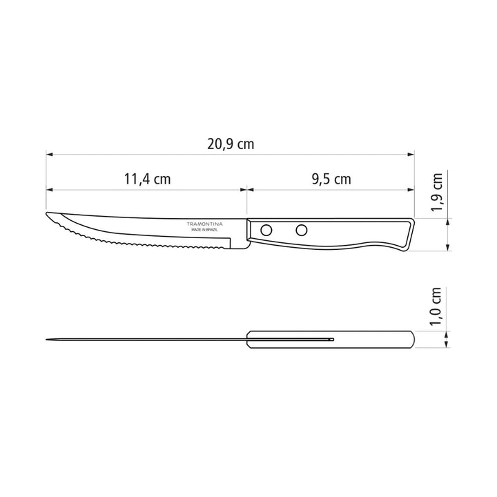 Diagram of a Tramontina serrated knife from the 12 Piece Steak Cutlery Set-Service for 6 features a stainless steel blade (11.4 cm) and polywood handle (9.5 cm), totaling 20.9 cm long, with a side thickness of 1.0 cm and handle height of 1.9 cm.