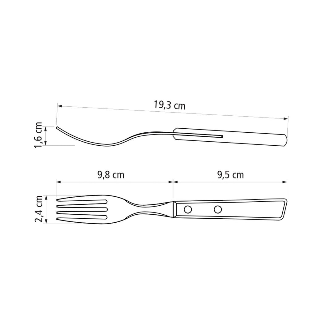 Diagram of a Tramontina stainless steel fork from the 12 Piece Steak Cutlery Set shows dimensions: total length 19.3 cm, polywood handle 9.5 cm long and 1.6 cm thick, prong section 9.8 cm long and 2.4 cm wide, combining durability and style to enhance your table setting.