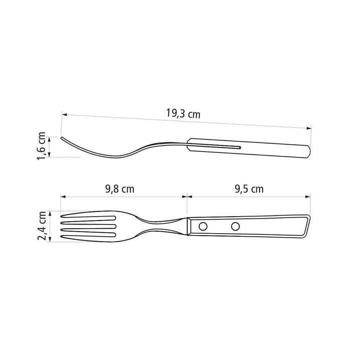 Diagram of a Tramontina stainless steel fork from the 12 Piece Steak Cutlery Set shows dimensions: total length 19.3 cm, polywood handle 9.5 cm long and 1.6 cm thick, prong section 9.8 cm long and 2.4 cm wide, combining durability and style to enhance your table setting.