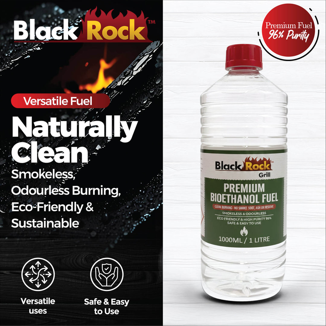 Black Rock Grill Premium Bioethanol Fuel, a plant-based liquid for fireplaces, fire pits & stoves, is smokeless, odourless, eco-friendly, 96% pure, sustainable, versatile, safe and easy to use.