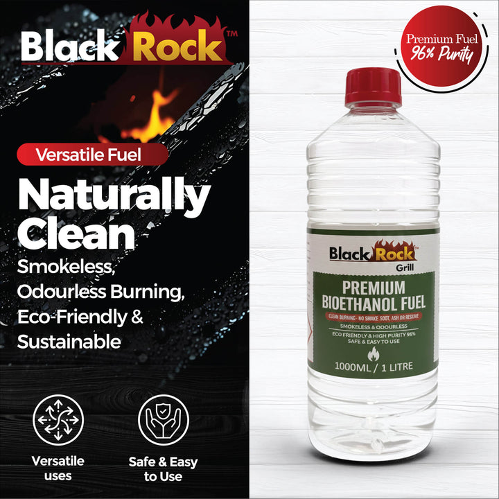 Black Rock Grill Premium Bioethanol Fuel, a plant-based liquid for fireplaces, fire pits & stoves, is smokeless, odourless, eco-friendly, 96% pure, sustainable, versatile, safe and easy to use.
