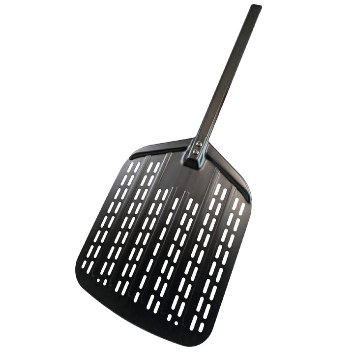 The Black Rock Grill 12 Perforated Aluminum Pizza Peel is a lightweight, rust-resistant paddle with a long handle and slotted blade for easy pizza launch and ventilation in ovens.