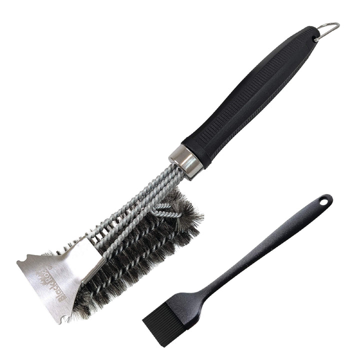 The Black Rock Grill Heavy-Duty BBQ Grill Brush & Scraper (18” stainless steel) and bonus marinating oil brush are displayed on a white background, perfect for gas, charcoal, electric, infrared grills, and steak stones.