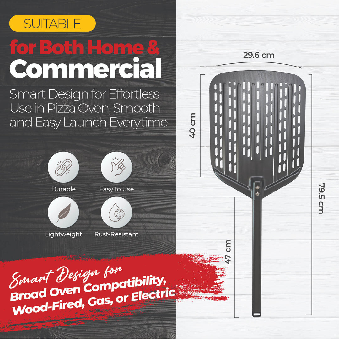 The Black Rock Grill 12 Perforated Aluminum Pizza Peel boasts lightweight, rust-resistant anodized aluminum construction and an easy-launch design, making it perfect for both home and commercial pizza ovens.