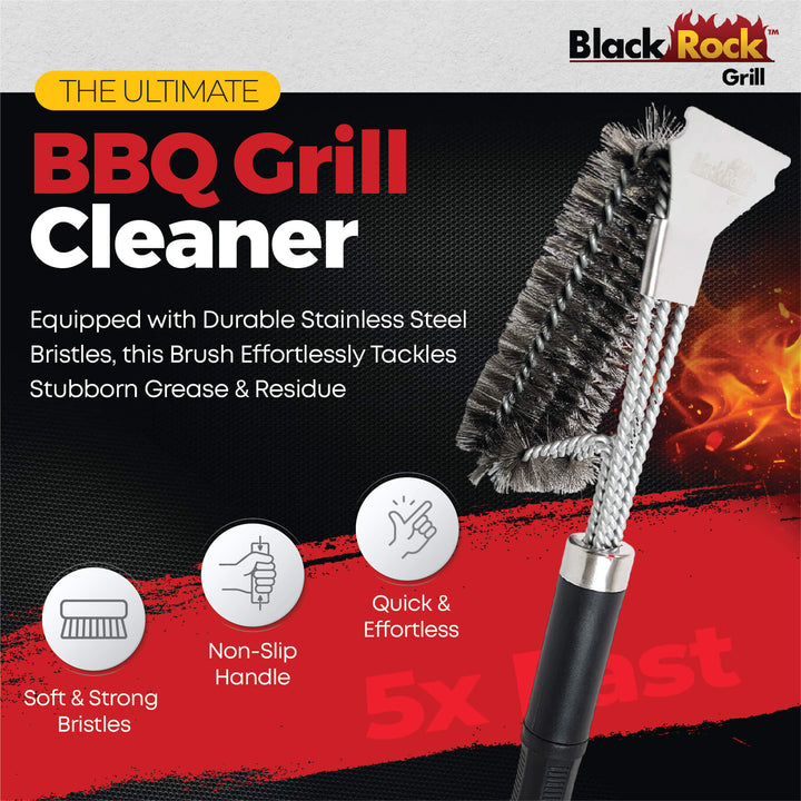 The Black Rock Grill Heavy-Duty BBQ Grill Brush & Scraper features 18” stainless steel bristles, a soft handle, and includes a bonus marinating oil brush for quick, easy cleaning of gas, charcoal, electric, and infrared grills.