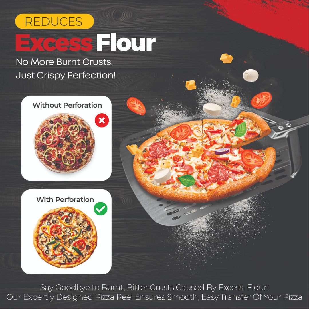 The Black Rock Grill 12 Perforated Aluminum Pizza Peel easily lifts pizzas, helps reduce excess flour, and achieves a crispier crust. Comparison shows burnt pizza without perforation vs. well-cooked with the Black Rock Grill peel.