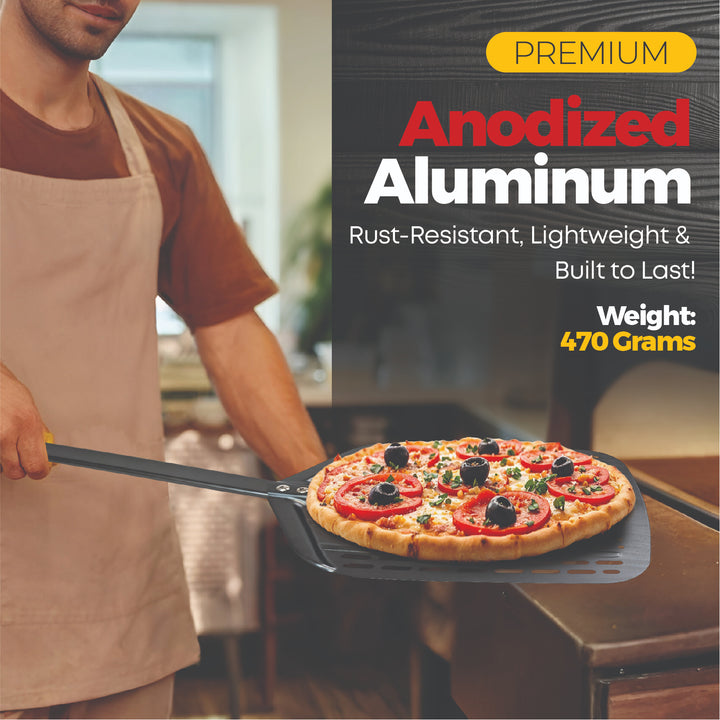 Wearing an apron, a person uses the Black Rock Grill 12 Perforated Aluminum Pizza Peel—a lightweight, rust-resistant 470g paddle—to place a veggie pizza into the oven. The peel’s perforations make launching pizzas easy.