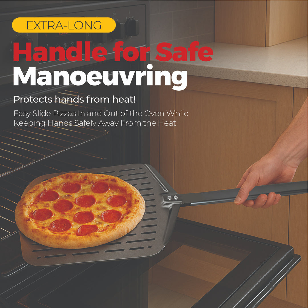 A hand uses the Black Rock Grill 12 Perforated Aluminum Pizza Peel to slide a pepperoni pizza from the oven, highlighting its lightweight, rust-resistant design and safe handle for easy, protected pizza handling.