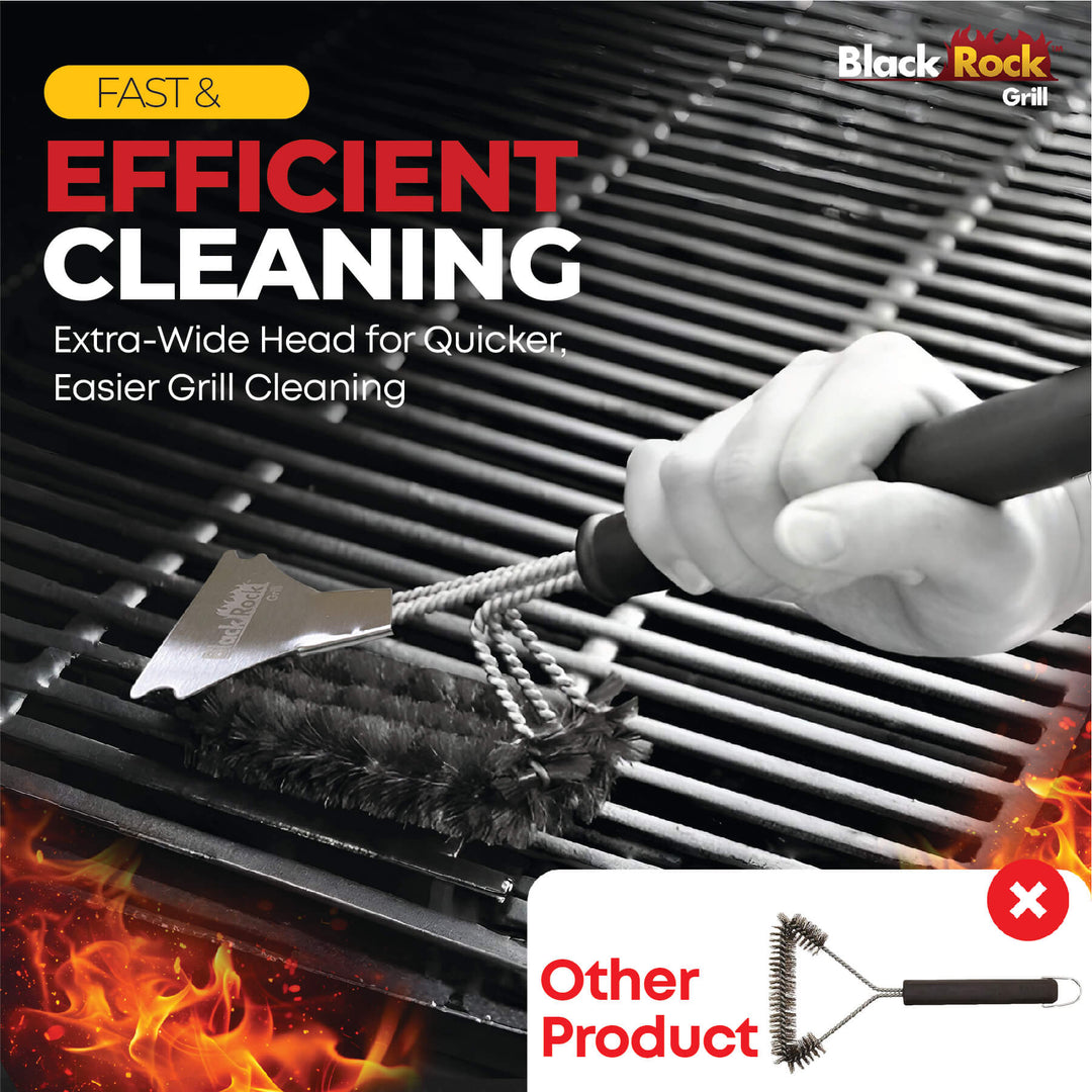 A hand cleans a grill with the Black Rock Grill Heavy-Duty BBQ Grill Brush & Scraper—an 18” stainless steel brush with an extra-wide head and bristles for fast, efficient cleaning. Image shows comparison to another product labeled Other Product.