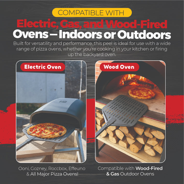 The Black Rock Grill 12 Perforated Aluminum Pizza Peel is shown with a cooked pizza, compatible with both electric and wood-fired ovens—perfect for indoor or outdoor use. Lightweight, rust-resistant, and easy to launch pizzas.