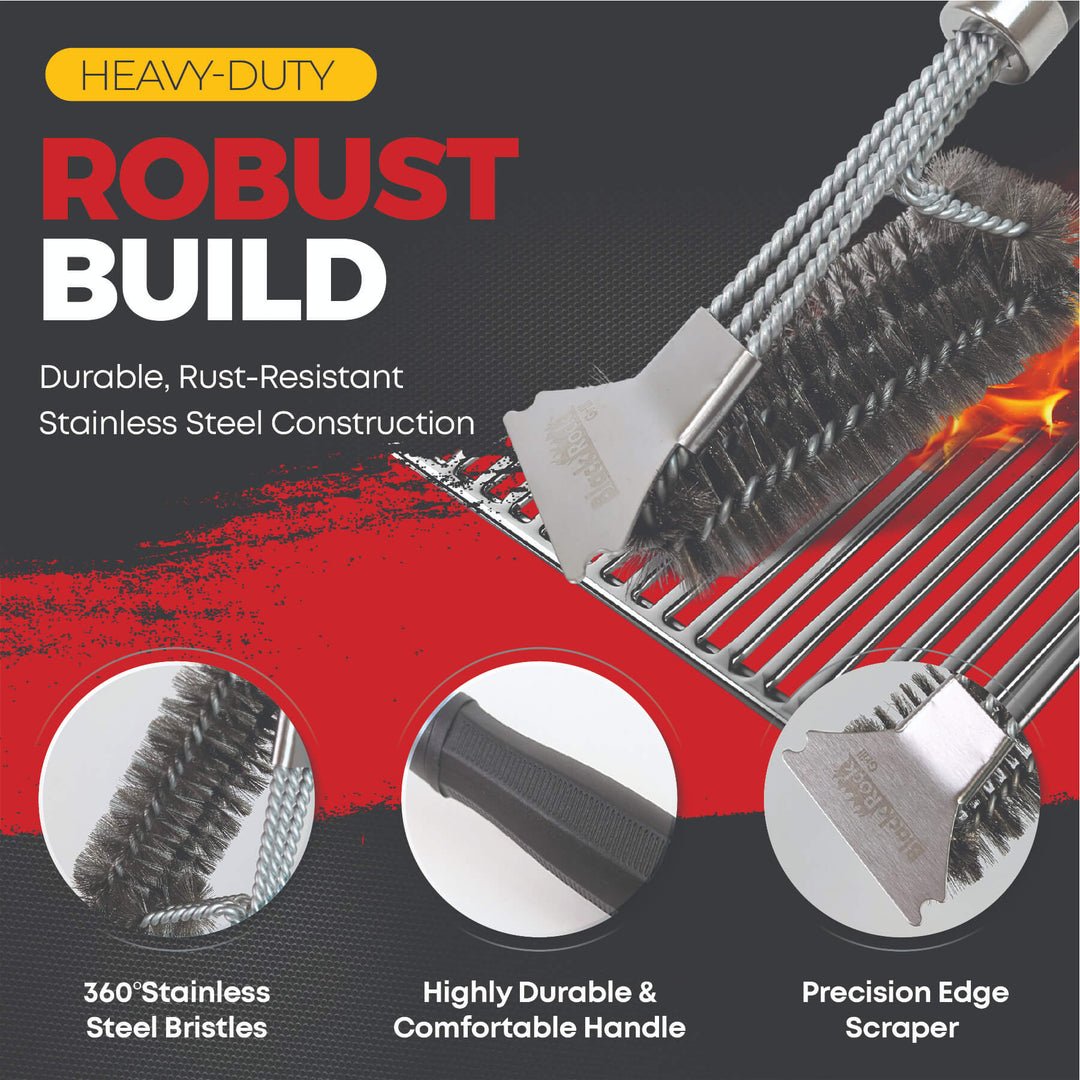 A close-up of the Black Rock Grill Heavy-Duty BBQ Grill Brush & Scraper (18) with 360° stainless steel bristles, a comfort handle, and a precision edge scraper cleaning a grate. Durable, rust-resistant; includes bonus marinating oil brush.