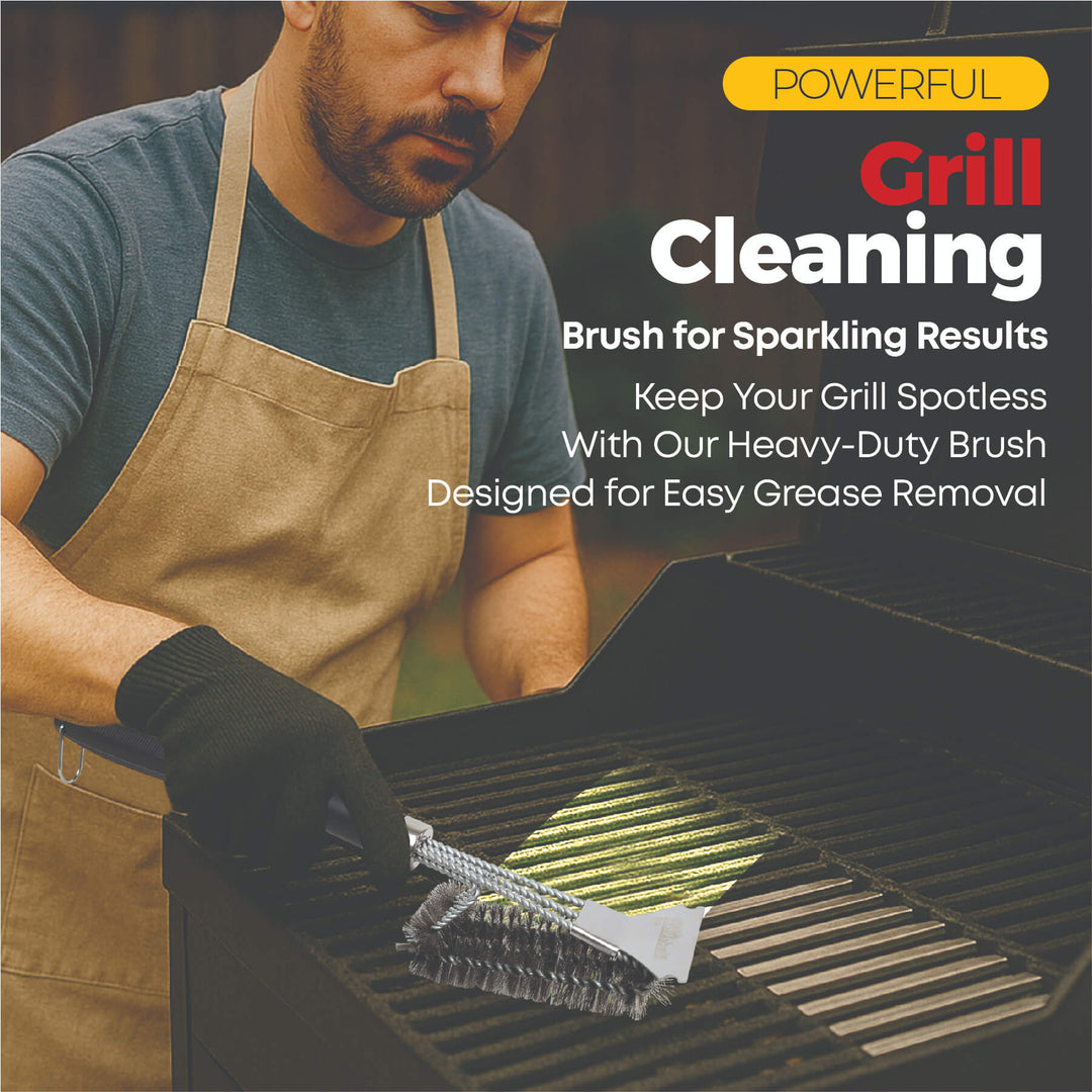 A man in an apron and gloves cleans grill grates with the Black Rock Grill Heavy-Duty BBQ Grill Brush & Scraper—an 18” stainless steel cleaner for gas, charcoal, electric, and more—ensuring powerful cleaning, easy grease removal, and sparkling results. Bonus oil brush included.