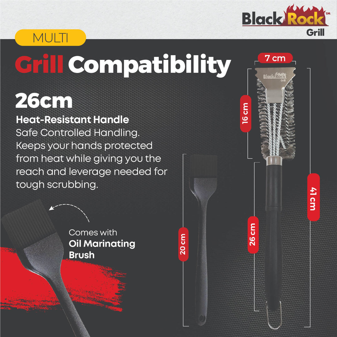 Showcasing Black Rock Grill’s Heavy-Duty BBQ Grill Brush & Scraper (18” stainless steel for gas, charcoal, electric, infrared, and steak stone hot rocks) plus a bonus marinating oil brush—both with heat-resistant handles.