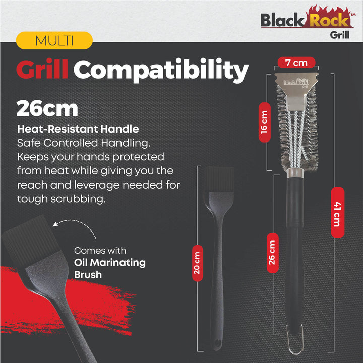 Showcasing Black Rock Grill’s Heavy-Duty BBQ Grill Brush & Scraper (18” stainless steel for gas, charcoal, electric, infrared, and steak stone hot rocks) plus a bonus marinating oil brush—both with heat-resistant handles.