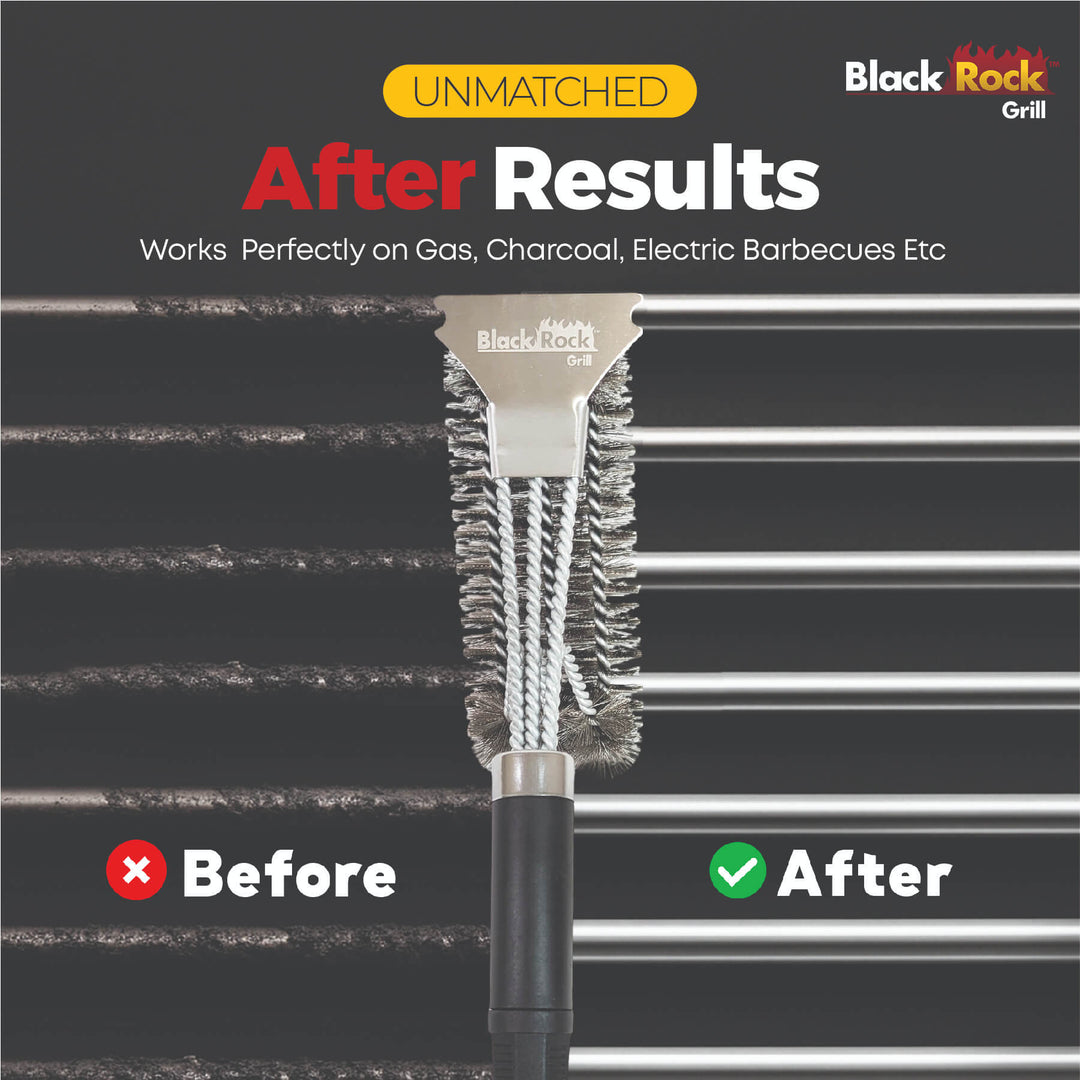 See the Heavy-Duty BBQ Grill Brush & Scraper by Black Rock Grill in action: left grill grates dirty (Before, red X), right grates spotless (After, green check). Impressive cleaning with this 18 stainless steel grill cleaner.