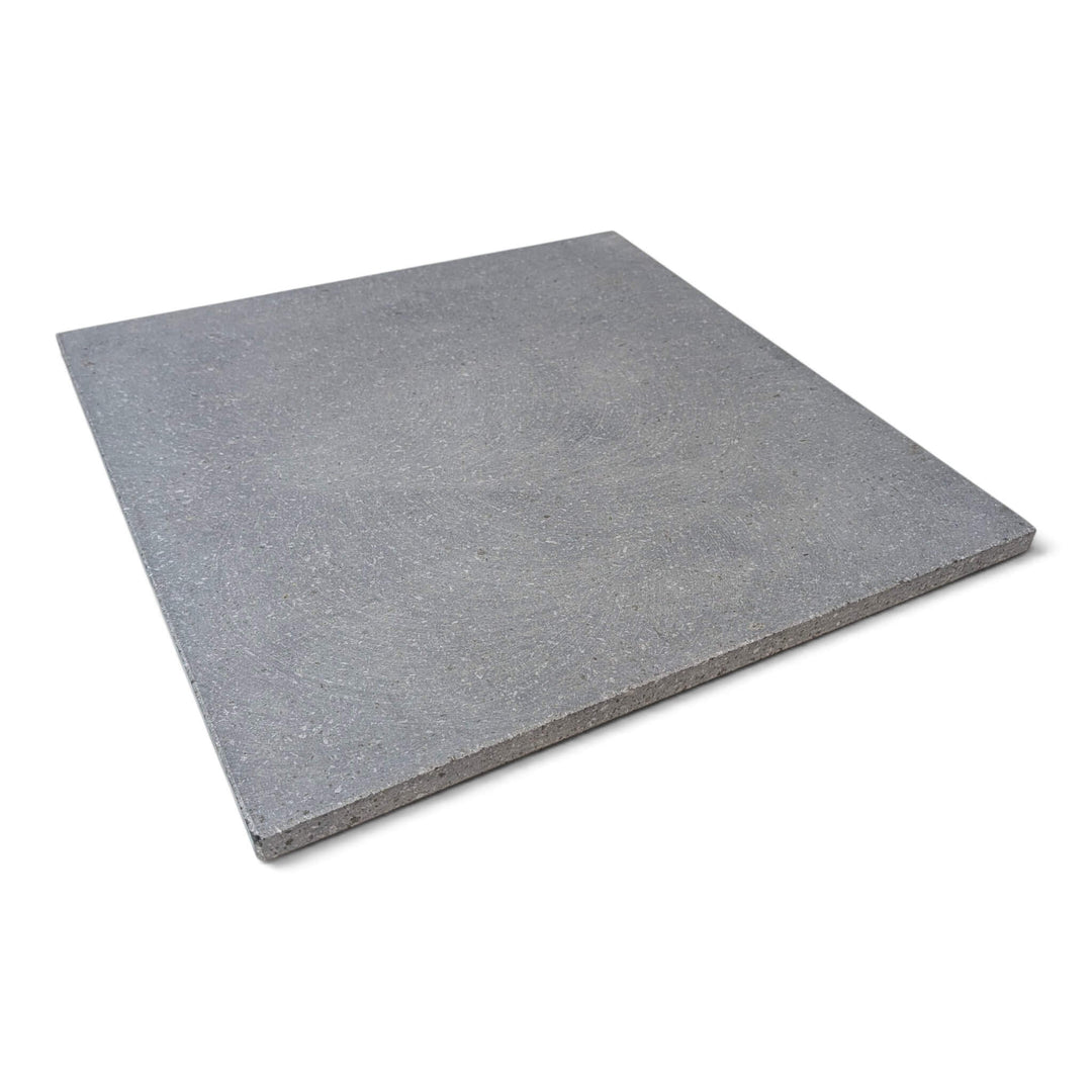 Side view of a large square grey Lava pizza oven stone that fits the effeuno P150H and P150HA pizza ovens square with beveled edges, shown on a plain white background.